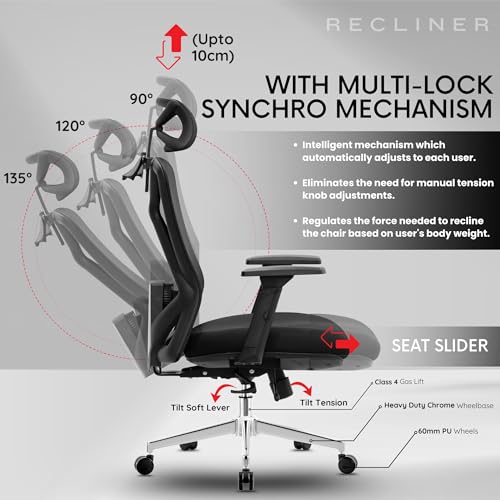 Image of Savvy Ergonomic Office Chair for Work | Multi-Lock Synchro Tilt Mechanism | 3 Year Warranty | 2D Armrest | Adjustable Lumbar | Black (Prejudice, Black - 3D arms, Seat Slider)