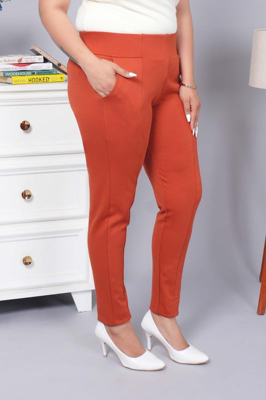 Image of Mlada Women's Solid Cotton Lycra High Waist Ankle Length Tummy Tucker Jeggings Trouser with 2 Side Pockets | Office Wear Summer Pants | Regular Fit, Stretchable, Comfortable & Stylish Everyday Bottoms