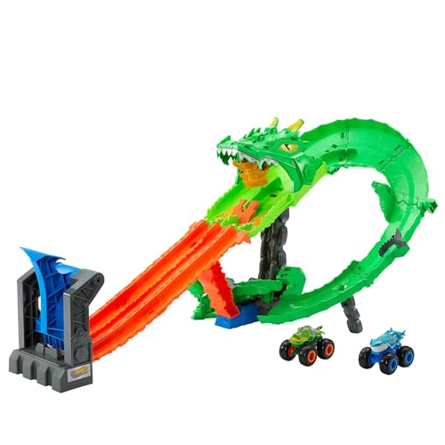 Hot Wheels Monster Trucks Sharks vs. Dínos destruição do dragão conjunto de pistas com Great Bite e Rageasaur em escala 1:64 para correr e derrotar o inimigo cíborgue, JGB06