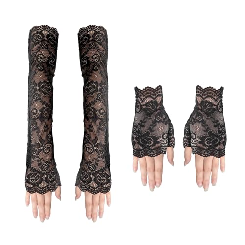 XDGBGFN 2 Paar Spitze Fingerlose Handschuhe, Lang und Kurz Schwarze Fischnetz Handschuhe 80er-Jahre Retro Party Abschlussball Teeparty Kostüm Zubehör (Schwarz, Standard)