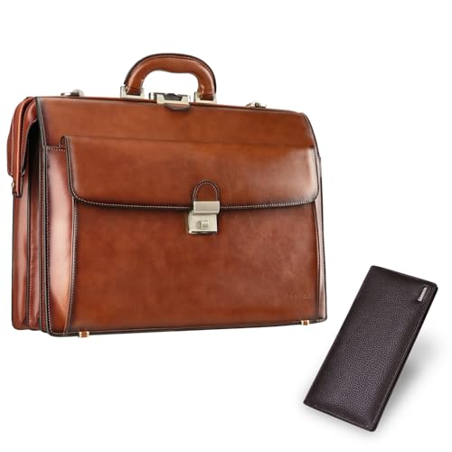 Banuce Leather Briefcase for Men 15.6 Inch Laptop Lawyer Bag + Leather Long Bifold Wallet for Men Dark Brown