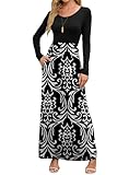 Picture of DEARCASE Maxi Dress for Women Black White Medium Round Neck Boho Long Sleeves Teacher A-line Casual Hawaiian Empire Waist Flowy Party Vintage Spring Fall Winter Floor Dresses with Pocket