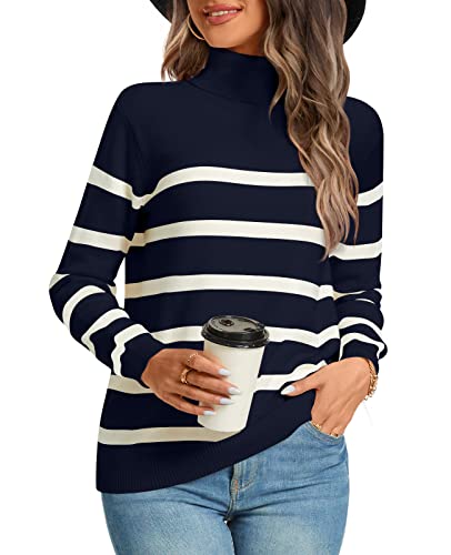 LONGYUAN Women Winter Turtle Necks Striped Knit Sweater Long Sleeve Pullover Casual Color Block Spring Tops 20253