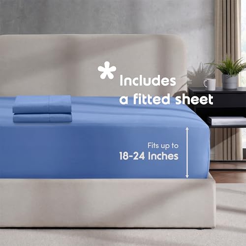 Image of Hearth & Harbor Calm Blue Duvet Cover with Fitted Sheet Full Size | 4 Piece Soft Double Brushed Bedding Set, Button Closure, 1 Duvet Cover 80x90 Inches, 1 Fitted Sheet, 2 Pillow Shams