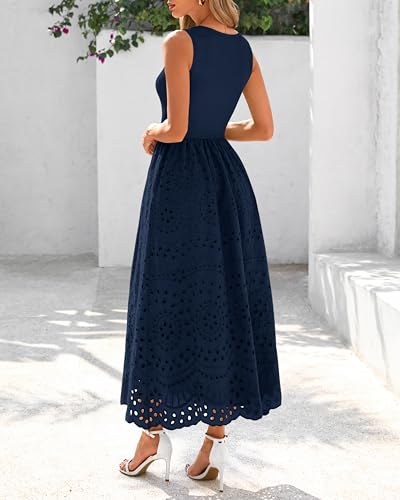 Image of dowerme Women Summer Dresses 2026 Casual Sleeveless Crewneck A-Line Boho Lace Eyelet Cotton Tank Maxi Dress with Pockets
