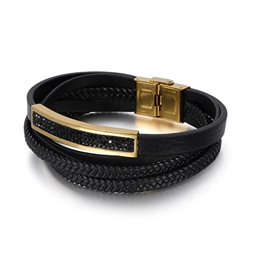 Bracelet multirangs en cuir tressé et acier inoxydable noir de 22.5cm