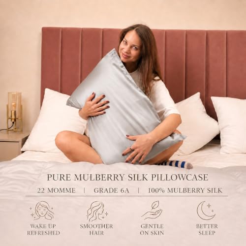 Image of FURBO 100% Pure Mulberry Silk Pillowcase | 22 Momme 6A Grade Silk Pillow Cover for Hair & Skin | Cooling, Breathable, Smooth & Soft | Hidden Zipper Closure | Anti-Frizz (1 Pack, Silver)