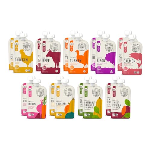 Serenity Kids 6+ Months Meats + Veggies Mixed Baby Food Puree Pouch Variety Pack 18 Count- No Sugary Fruits or Added Sugar - 3.5 Oz BPA & Allergen Free Pouch- Baby Puree Variety Pack