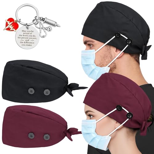 Image of 2 Pcs Satin Lined Scrub Cap Nurse Hats for Women Men 4 Buttons
