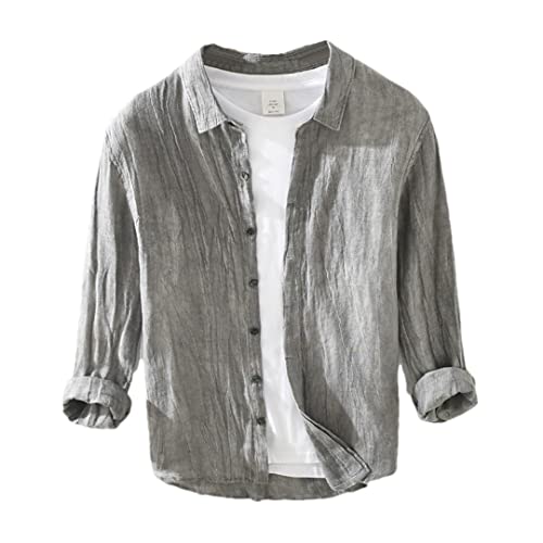 Chemise en lin homme à manches longues gris M - Style vintage décontracté chic