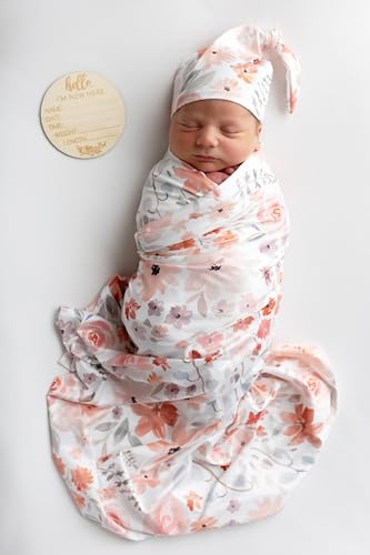 Image of Newborn Baby Girl Receiving Blanket Swaddle Blanket Stretchy Knit Swaddle Set with Matching Headband and Beanie (Orange)