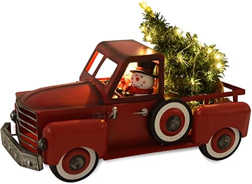 YXTECH 17.32"x9.05"x9.05" Vintage Red Truck Valentines Day Decor Indoor Farmhouse Planter Truck Metal Decor w/Led String Lights, Christmas Tree Ornaments Larger Christmas Centerpieces for Tables