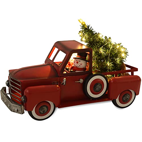 Yxtech 17.32"X9.05"X9.05" Vintage Red Truck Valentines Day Decor Indoor Farmhouse Planter Truck Metal Decor W/Led String Lights, Christmas Tree Ornaments Larger Christmas Centerpieces For Tables #TOP5