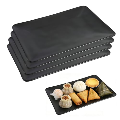 SERYUUT 4 platos de melamina de plástico irrompibles para camping, platos rectangulares extra gruesos y robustos, color negro, sin BPA, aptos para lavavajillas, de 30 °C hasta 120 °C, resistente al