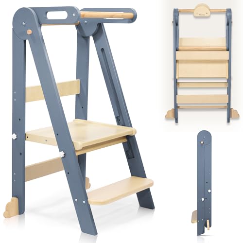 CONKKA Foldable Toddler Kitchen Wood Step Stool with Hook, Pre-Assembled Wooden Folding Montessori Learning Helper for Kids, Standing Tower with 3 Adjustable Height Stepping for Counter Sink-Gray