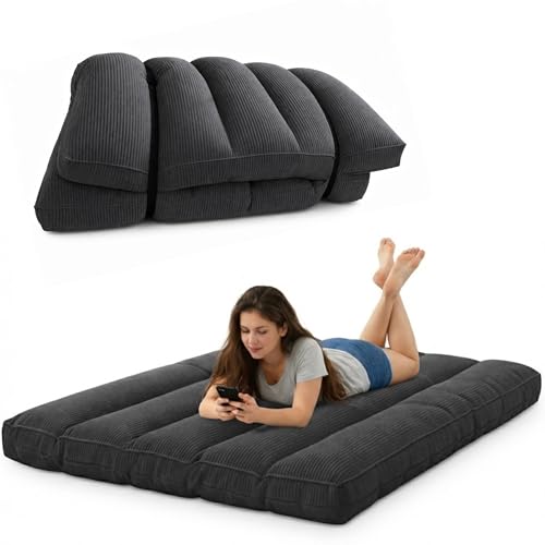 Bananair - Futón Japonés Enrollable 2 Personas, Grueso y Cómodo, Fabricado en Francia, Funda Lavable, Cama Plegable de Suelo Práctica – Colchón Plegable, Correa de Incluida (140 × 190 cm, Gris Oscuro)