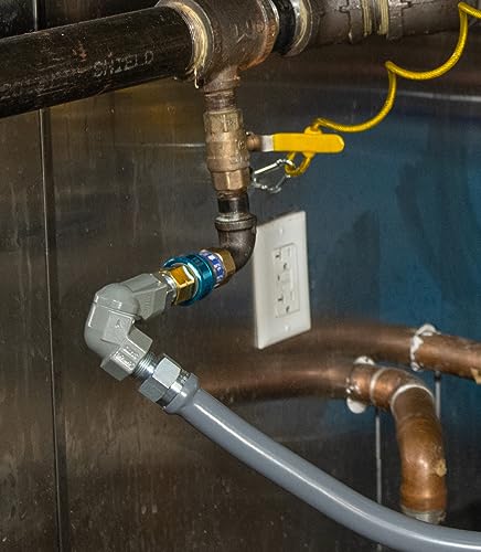 Dormont ReliaGuard Commercial Food Service Stainless Steel Gas Connector Kit, 3/4\" ID x 48\" L Gray PVC Hose with Snap Quick-Disconnect, Two 90° Elbow Fittings, Full Port Gas Valve, Restraining Cable - Thumbnail 6