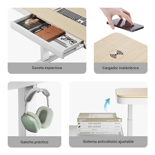 WilTec Escritorio elevable monomotor con Cargador Sistema antichoque Memoria Aviso Tiempo Sentado/de pie Escritorio de pie Tablero 1180 x 600 mm - imagen 8