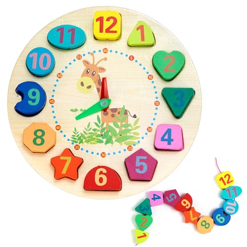 Yesaler Lernuhren Holz Lernuhr Uhr-Spielzeug mit Zahlen Formen...