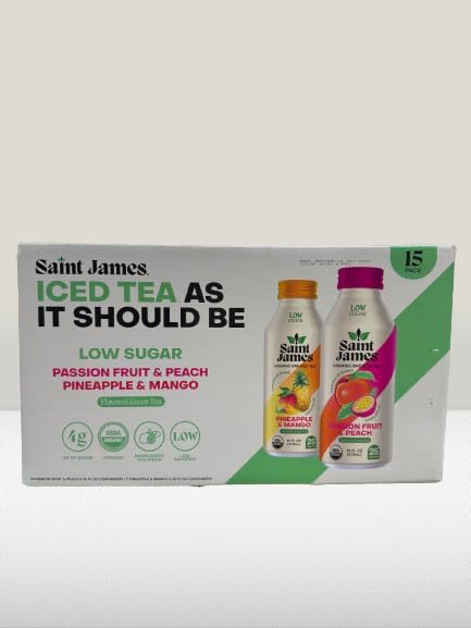 Saint James Organic Tea, Passion Fruit Peach & Pineapple, 15.9 fl oz Bottle – Low Sugar, USDA Organic, Refreshing Tropical Iced Tea Beverage