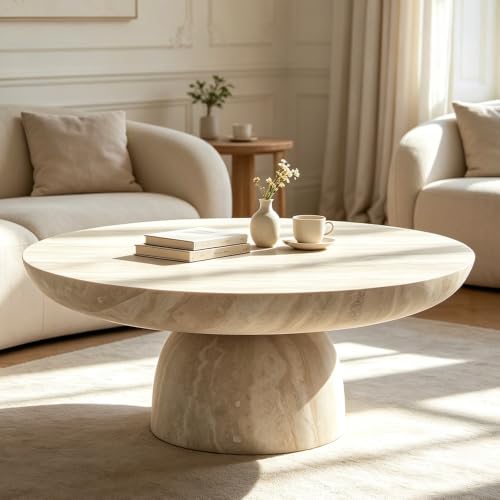 WILLIAMSPACE 31.5 Round Faux Marble Coffee Table with Base for Living Room