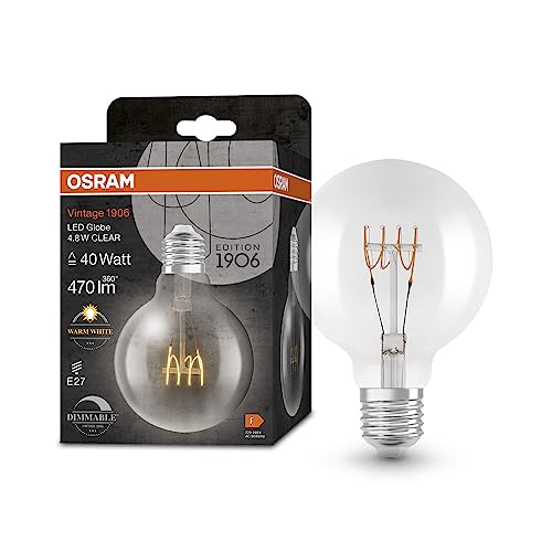 OSRAM Lampada LED Vintage 1906 Classic Globe95 FIL, E27, globo, trasparente, 4.8W, 470lm, 2700K, luce bianca calda, dimmerabile, filamento ultra sottile, basso consumo energetico, lunga durata