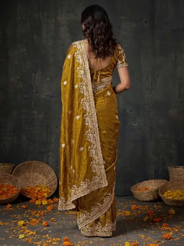 Image of SIRIL Women's Tissue Silk Scalloped Border Embroidery Saree with Unstitched Blouse Piece