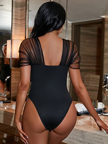 Wdirara Women's Mesh Sheer Off The Shoulder Short Sleeve Skinny Bodysuit Sexy Tops Black L #TOP1