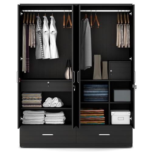 Image of Spacewood Linden Wardrobe | 3 Year Warranty | Almirah, Cupboard, Almari, 4 Door Wardrobe, 4 Drawer (2 Lock Drawer) and 2 Hanging Space & 1 Internal Locker |Engineered Wood| Natural Wenge