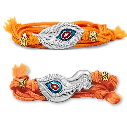 Image of 925 Sterling Silver Rakhi with Peacock Design for Brother, Handmade Orange Thread Rakhi for Raksha Bandhan Gift