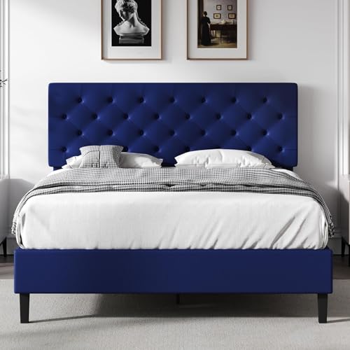 REVOMINCA Full Bed Frame with Headboard, Faux Leather Upholstered Platform