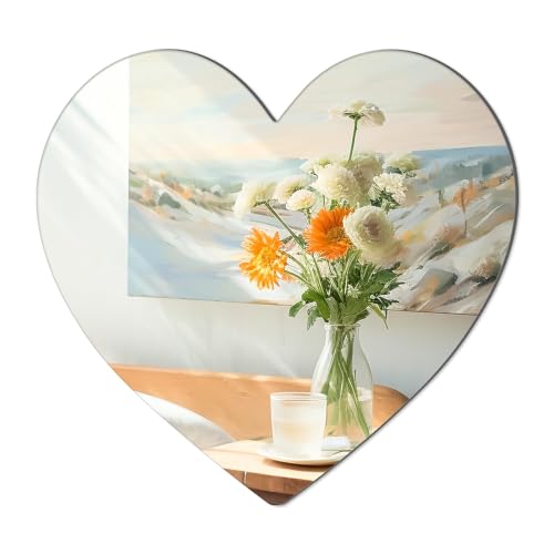 QEEYON Self-Adhesive Mirror 2mm Thickened Acrylic Mirror Tiles Wall Mirror Heart 31 x 29.5cm Flexible Mirror Sheets Non-Glass Mirrors for Bathroom, Bedroom, Door etc
