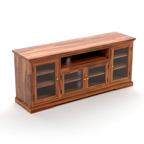 Image of Sheesham Solid Wood TV Cabinet for Living Room | Handcrafted Wooden TV Unit with Storage | Elegant Entertainment Stand for Modern Homes (Glass Tv Cabinet, Honey)