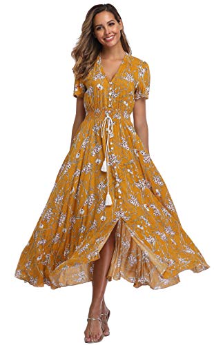 Image of VintageClothing Women's Floral Maxi Dresses Boho Button Up Split Summer Casual Long Dress Beach Party Dress