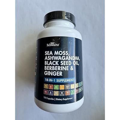 BioSchwartz Sea Moss Black Seed Oil Ashwagandha Ginger Supplement with Turmeric Berberine HCI Burdock Bladderwrack Resveratrol Elderberry Manuka Honey Apple Cider Vinegar ACV - 120 Sea Moss Capsules