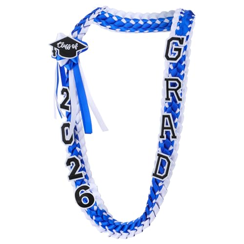 Hotop 1 Pcs 2026 Graduation Leis Class of 2026 Grad Ribbon Money Lei Handmade Double Braided Necklace for Graduation Gifts Supplies (Blue,White)