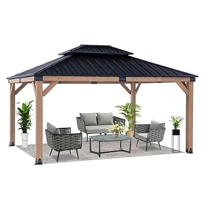 CHARMELEON Hardtop Wood Gazebo 10x12 ft – Cedar Wood Frame Gazebo with Double Metal Roof – Outdoor Wooden Gazebos Pavilion for Patio, Backyard and Deck – Frosted Black Top & Grayish Brown Frame