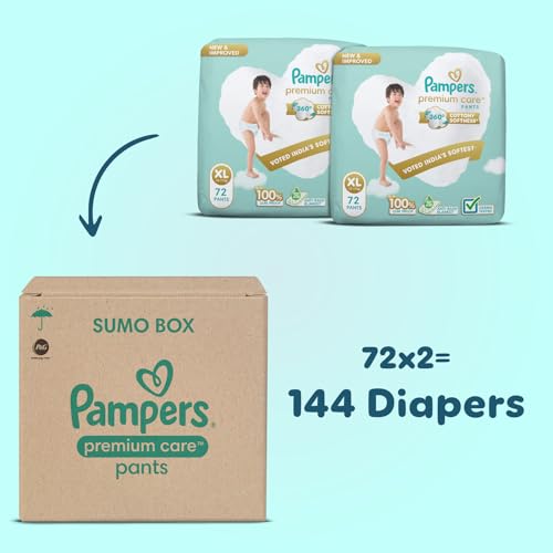 Image of Pampers Premium Care Diaper | Pant Style Baby Diapers Extra Large Size, 144 Count | 360 Cotton Softness Diaper |Anti Rash Diaper with Aloe Vera and 100% Leak Proof Protection | (72 Count, Pack of 2)