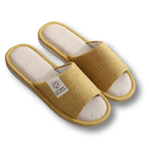 Linen Slippers, Striped Sandals for Women Men, Slide Sandal with Cute Print, Non-slip Slippers (Yellow,8.5)