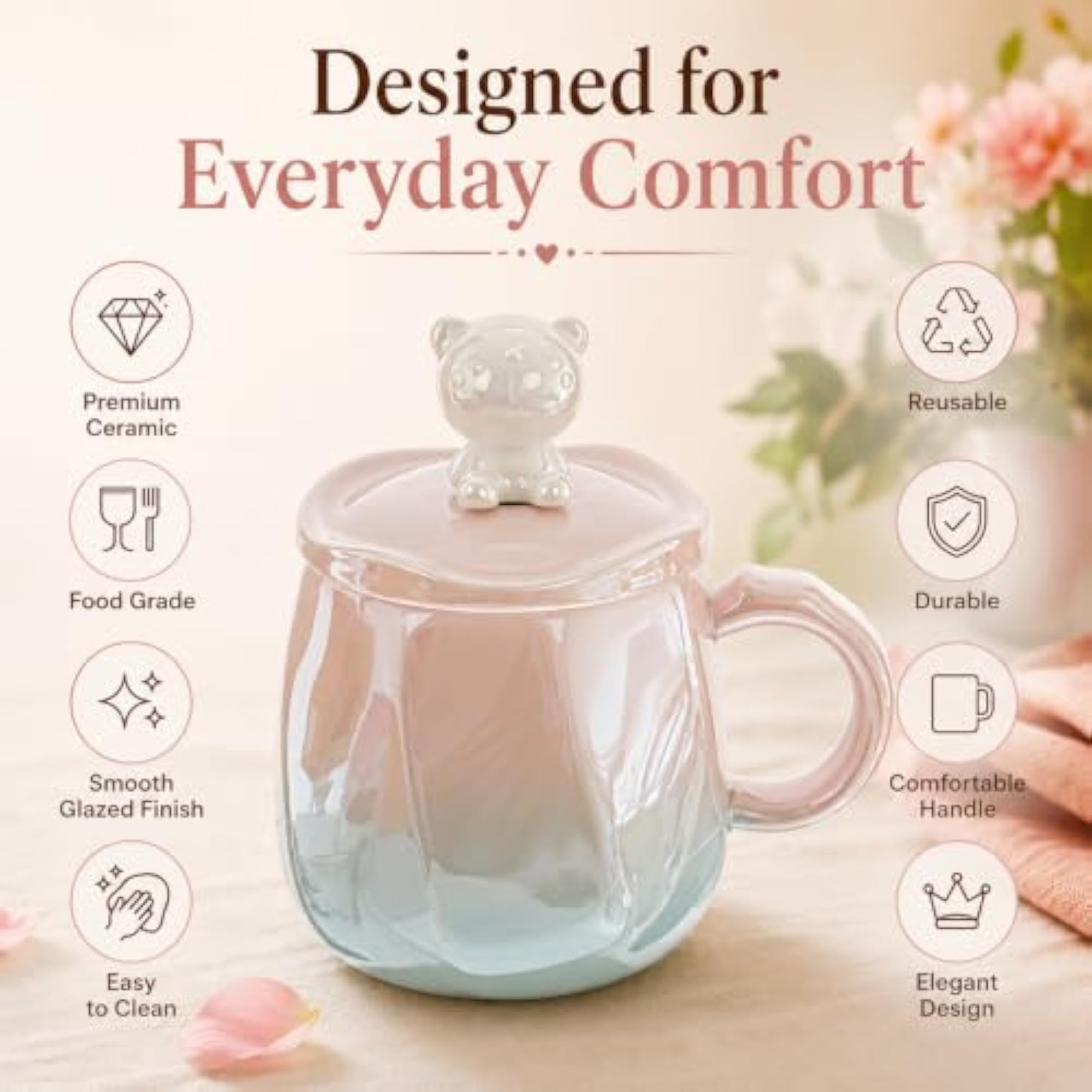 Ceramic Coffee Mug with Lid & Spoon, Gradient Design