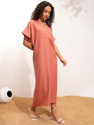 Image of Tokyo Talkies Women's Dresses for Women | Solid Color | Kaftan Style | Holiday Midi Dress | Short Kaftan Sleeves | Relaxed & Elegant