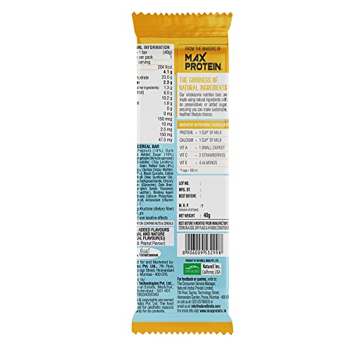 Image of RiteBite Max Protein 4g Protein Bar, Peanut Butter | With Dark Chocolate | 0 Added Sugar, No Cholesterol & Trans Fat Snack Bar, 40g (Pack of 12)