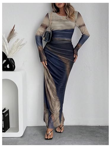 Image of Womens Long Sleeve Maxi Dress Mesh Bodycon Spring Fall Formal Wedding Guest | Tie Dye Ruched Night Out Cocktail Party Long Dresses