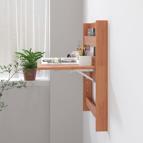 Table murale gain de place pour studio, petit bureau flottant en hévéa marron avec étagères