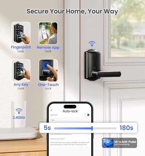 Image of Veise VE029 WiFi Smart Lever Lock, Fingerprint Keyless Entry Door Lock with Handle, Built-in WiFi, Remote App Control, Electronic Digital Knob for Front Door and Bedroom, IP65 Waterproof, Matte Black