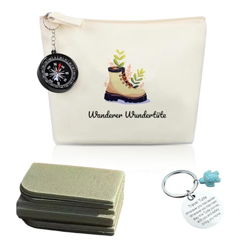 4er Set Wandern Geschenkset für Damen, Enthalten Kulturtasche, Faltbares Sitzkissen, Kompass & Glücksbringer Schlüsselanhänger, Wanderer Wundertüte, Optimales Wander Zubehör für Outdoor-Abenteuer