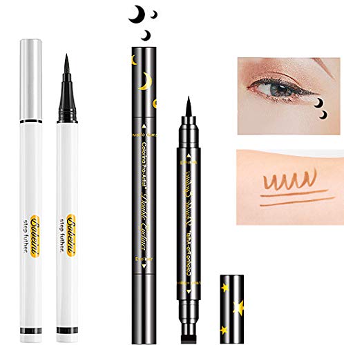 Double-end Winged Eyeliner Stamp Pen, Long Lasting Waterproof & Smudgeproof Natural Looking Brows with 2 in 1 Eye Makeup 2PCS (Black/Brown)