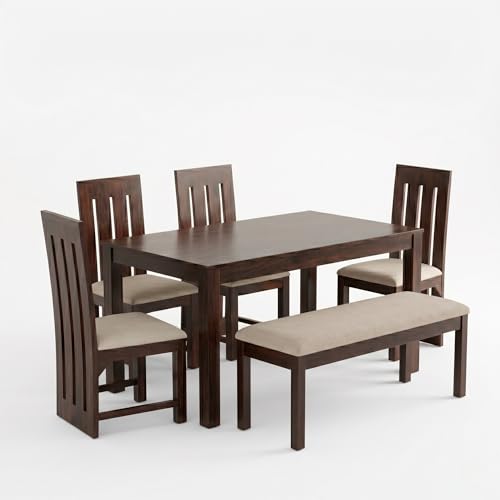 Image of SONA ART & CRAFTS Poster Sheesham Wood Dining Table Set 6 Seater Dinner Dinning Table with 4 Cushion Chair with 1 Bench for Dining Furniture for Living Room Home Hotel Office (Walnut)