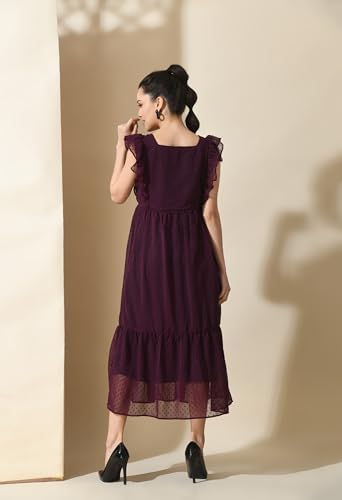 Image of IUGA Georgette Jacquard Butti Square Neck Knee Length Western Dresses for Women