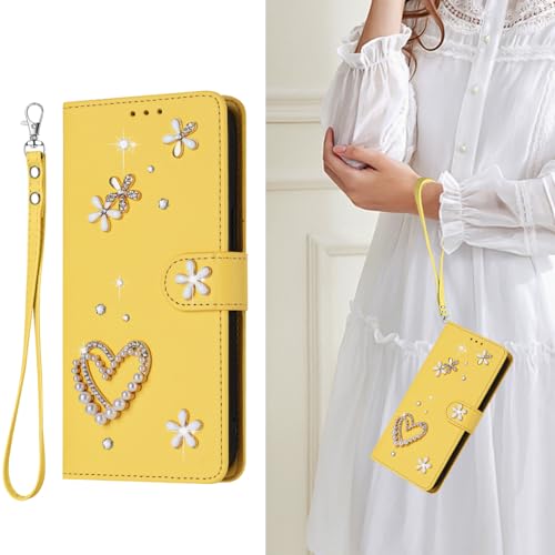 WOWUDI Custodia per OPPO A72 / A52 / A92 4G Flip Wallet Case in Pelle con Slot Carte Chiusura Magnetica Supporto Cordino Fiori Strass Cuore Perle Cover Protettiva -Giallo